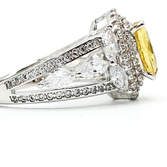 Real Yellow Gold Oval-Cut CZ Diamond Engagement Ring ▶Noble Hollow Beautiful Oval Crystal Royal Yellow CZ Silver Ring for Women, L073